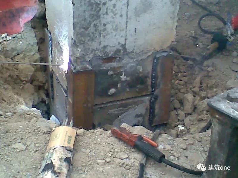 Close field view of a welded connection between precast concrete square pile segments