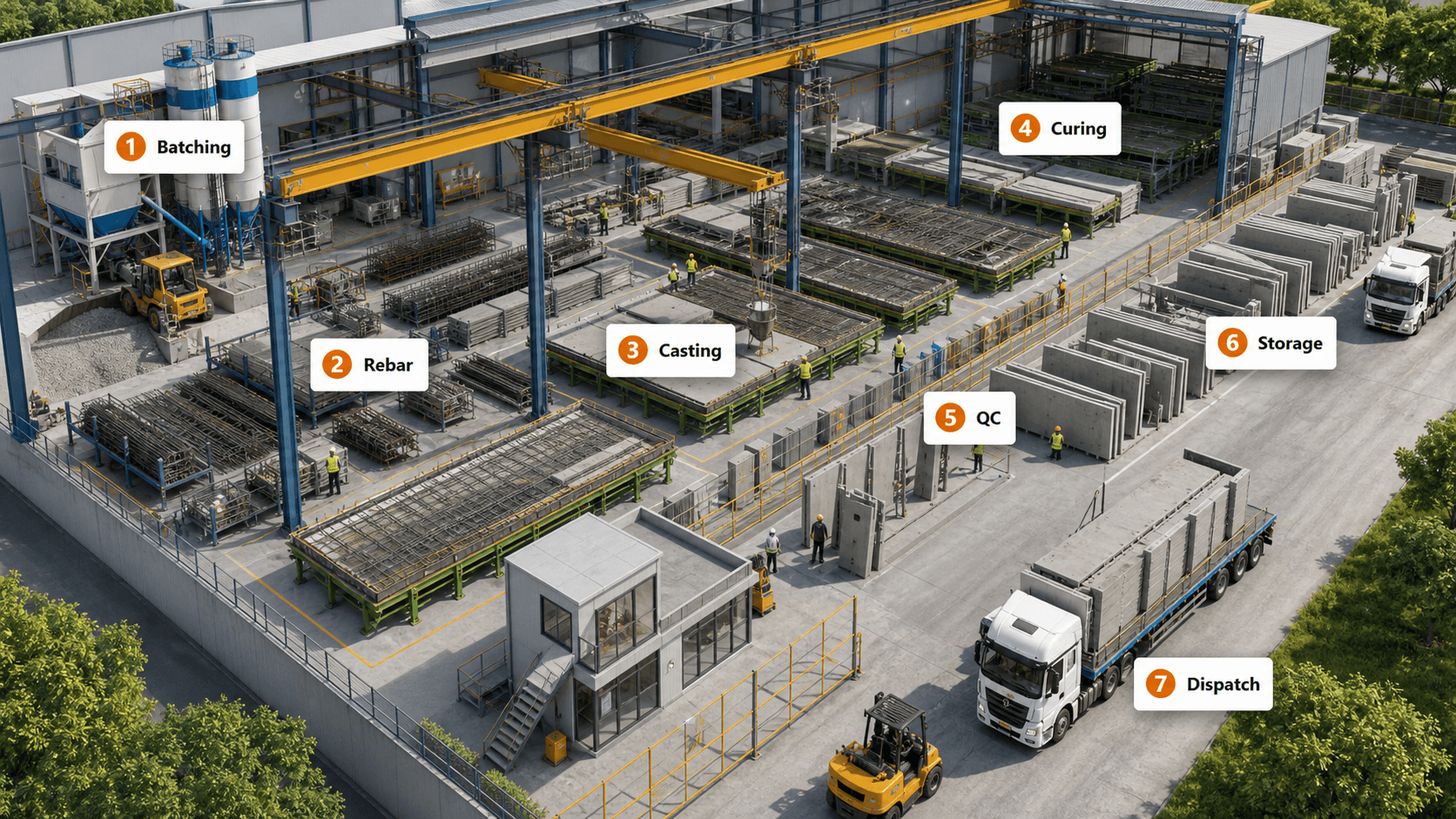Generated visual showing a precast factory layout with batching, rebar, casting, curing, QC, storage and dispatch zones